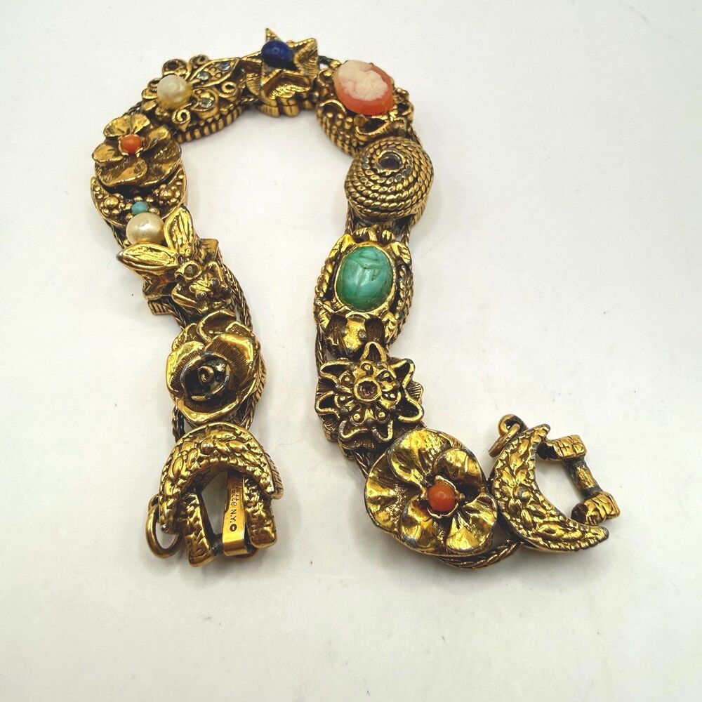 VTG Goldette Victorian Revival Cameo Floral Slide Bracelet Gold Tone Scarab 63/4